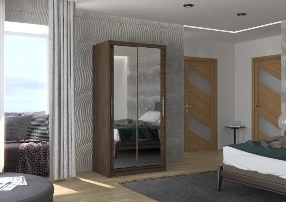 Dulap cu usi glisante si oglinda 100x200 cm, Nevio, ADRK Furniture (Culoare: Negru / Artisan)