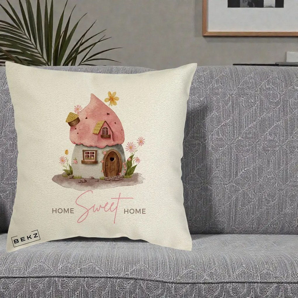 Perna Decorativa Home Sweet Home Casuta, 40x40 cm, Ecru, Husa Detasabila, Perna Inclusa, BEKZ®