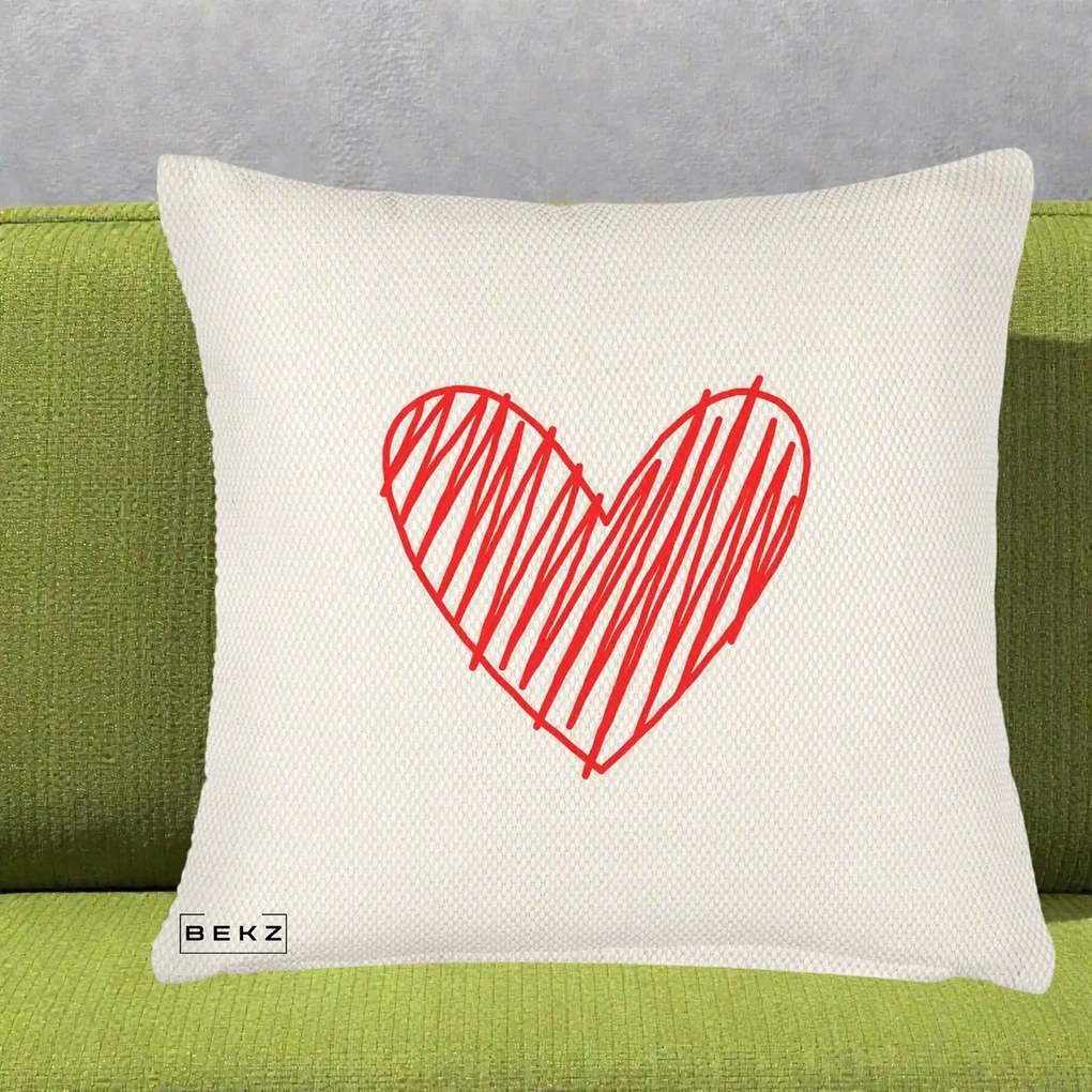 Perna Decorativa Inima Rosie Desen Manual, 40x40 cm, Crem Reliefat, Husa Detasabila, Perna Inclusa, BEKZ®