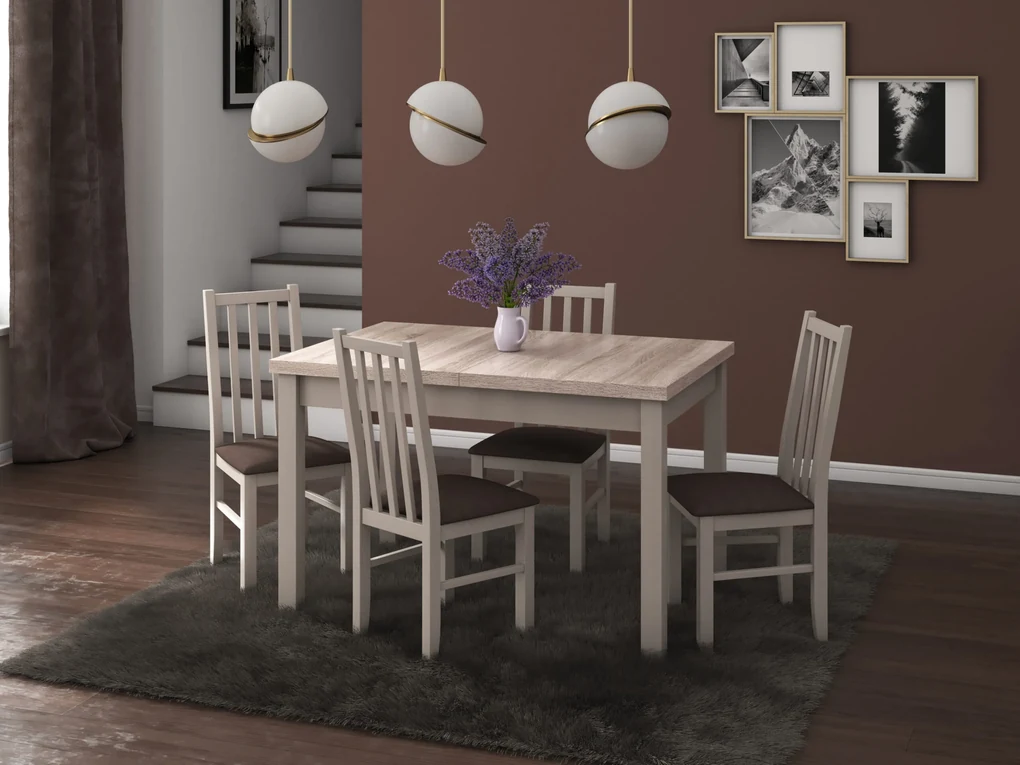 Set masa extensibila 120x150cm cu 4 scaune tapitate, mb-13 max5 si s-38 boss10 s6, sonoma, lemn masiv de fag, stofa