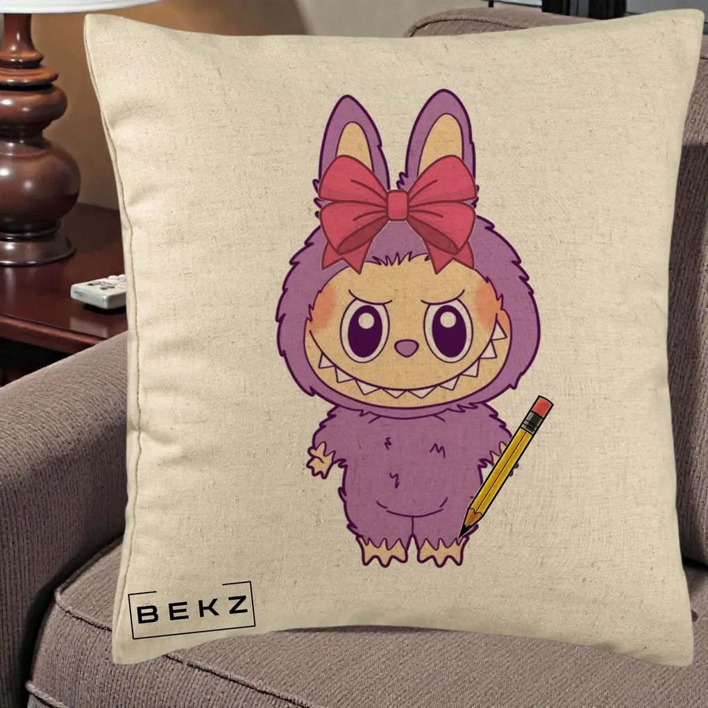 Perna Personalizata Labubu Mov cu Funda Rosie si Creion, 40x40 cm, Bej, Husa Detasabila, Perna Inclusa, BEKZ®