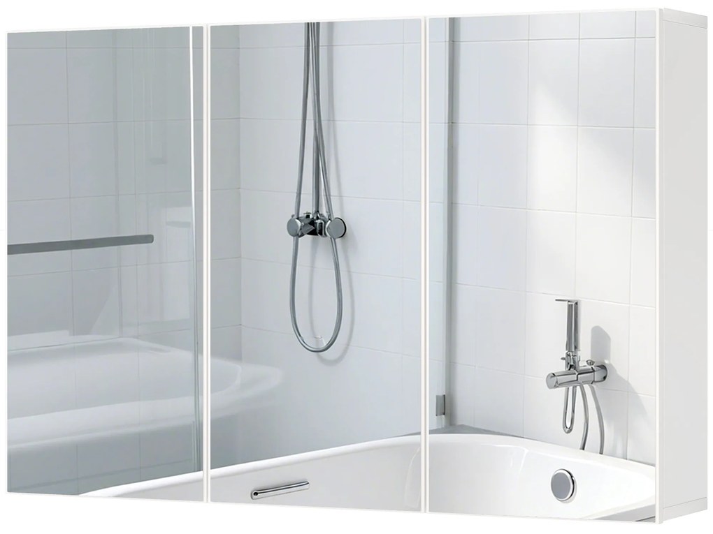 HOMCOM Dulap cu oglindă pentru baie, Badschrank cu 3 uși cu oglindă, Montaj pe perete, 90 x 15,5 x 60 cm, Placă de fibră, Alb | Aosom Romania