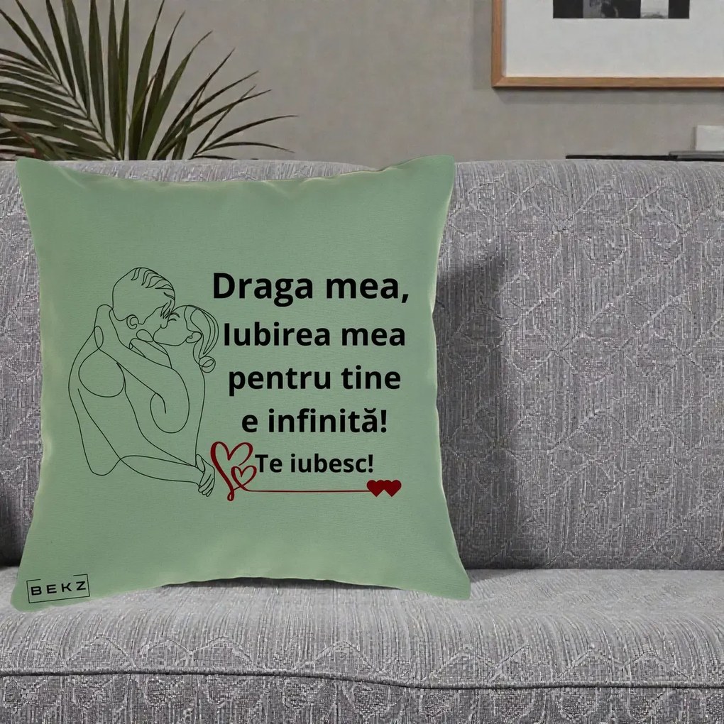 Cadou pentru Iubita - Perna Personalizata Draga Mea Iubirea Mea pentru Tine e Infinita Te Iubesc, 40x40 cm, Verde, Husa Detasabila, Perna Inclusa, BEKZ®