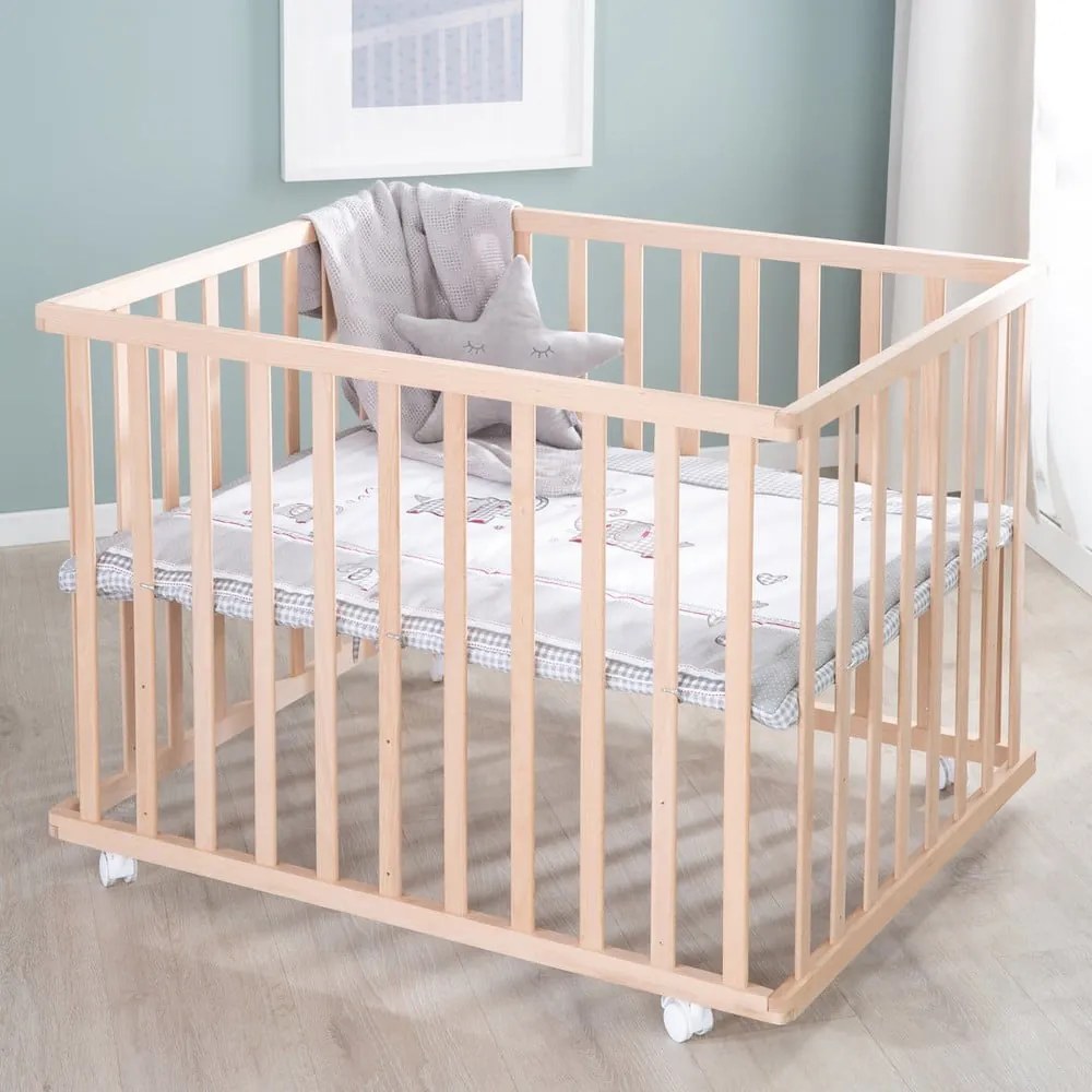 Țarc pentru copii în culoare naturală cu roți 100x75 cm Jumbo Twins – Roba