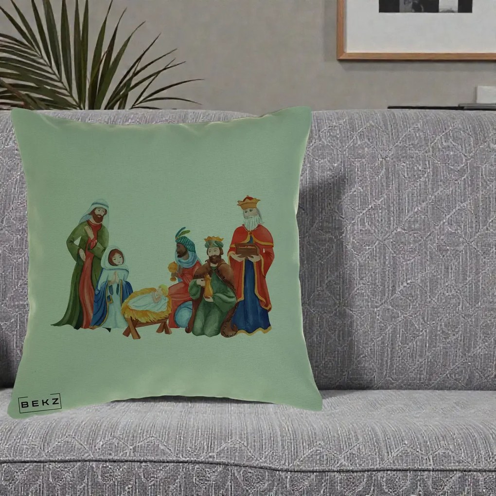 Perna Decorativa Nasterea Domnului Cei Trei Magi Acuarela, 40x40 cm, Verde, Husa Detasabila, Perna Inclusa, BEKZ®