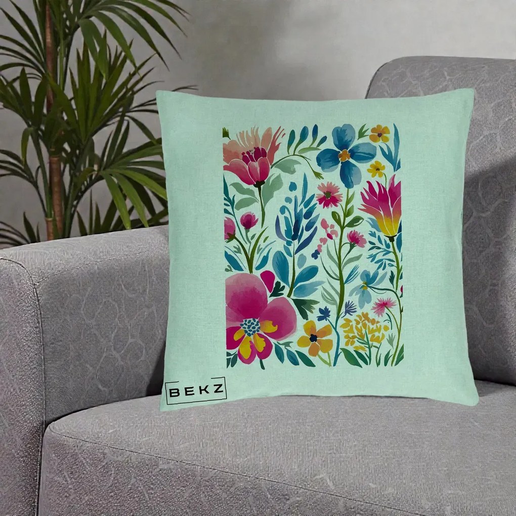 Perna Decorativa Gradina Florala Acuarela Colorata, 40x40 cm, Verde Menta, Husa Detasabila, Perna Inclusa, BEKZ®