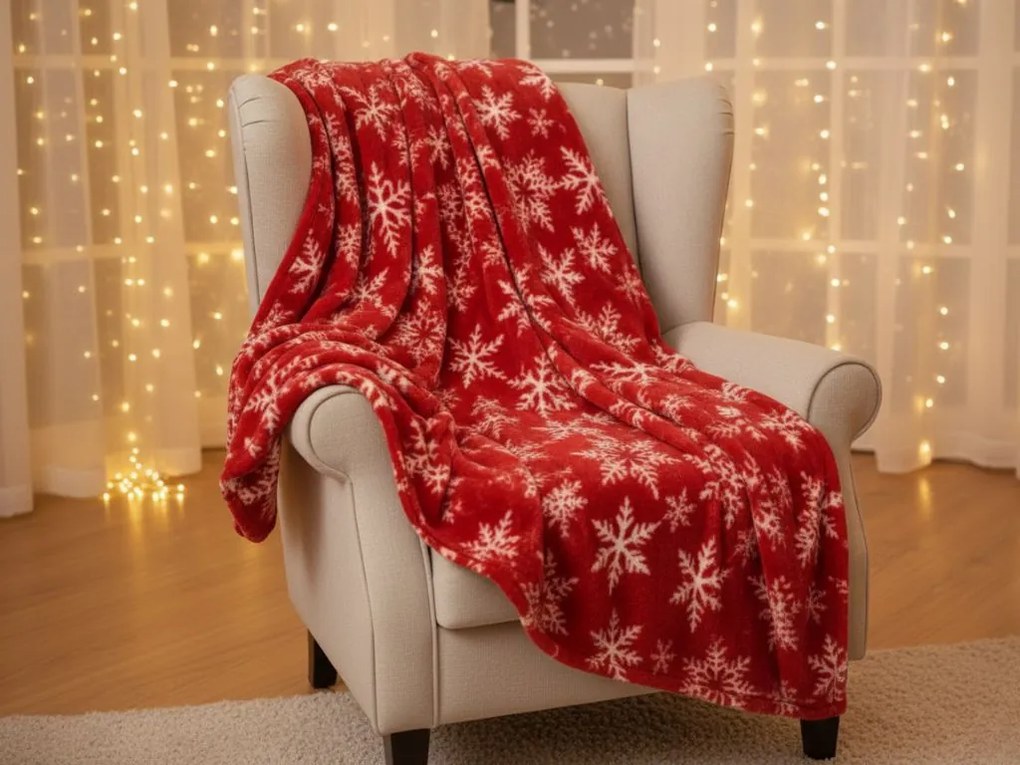 Patura de Craciun din microplus FROSTY FLAKES, rosie Dimensiune: 200 x 220 cm