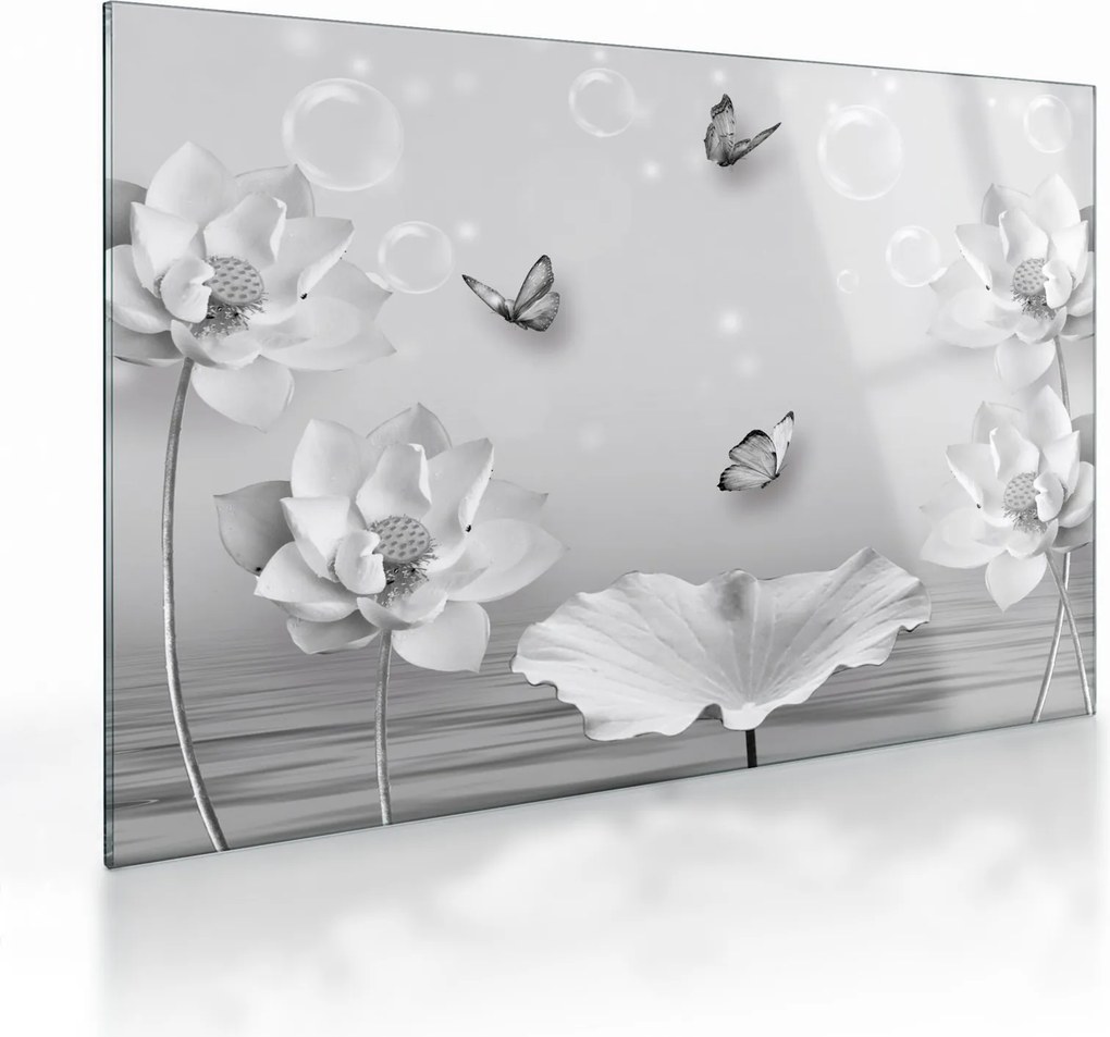 Tablou pe sticlă - Design flori și fluturi (70x50 cm)