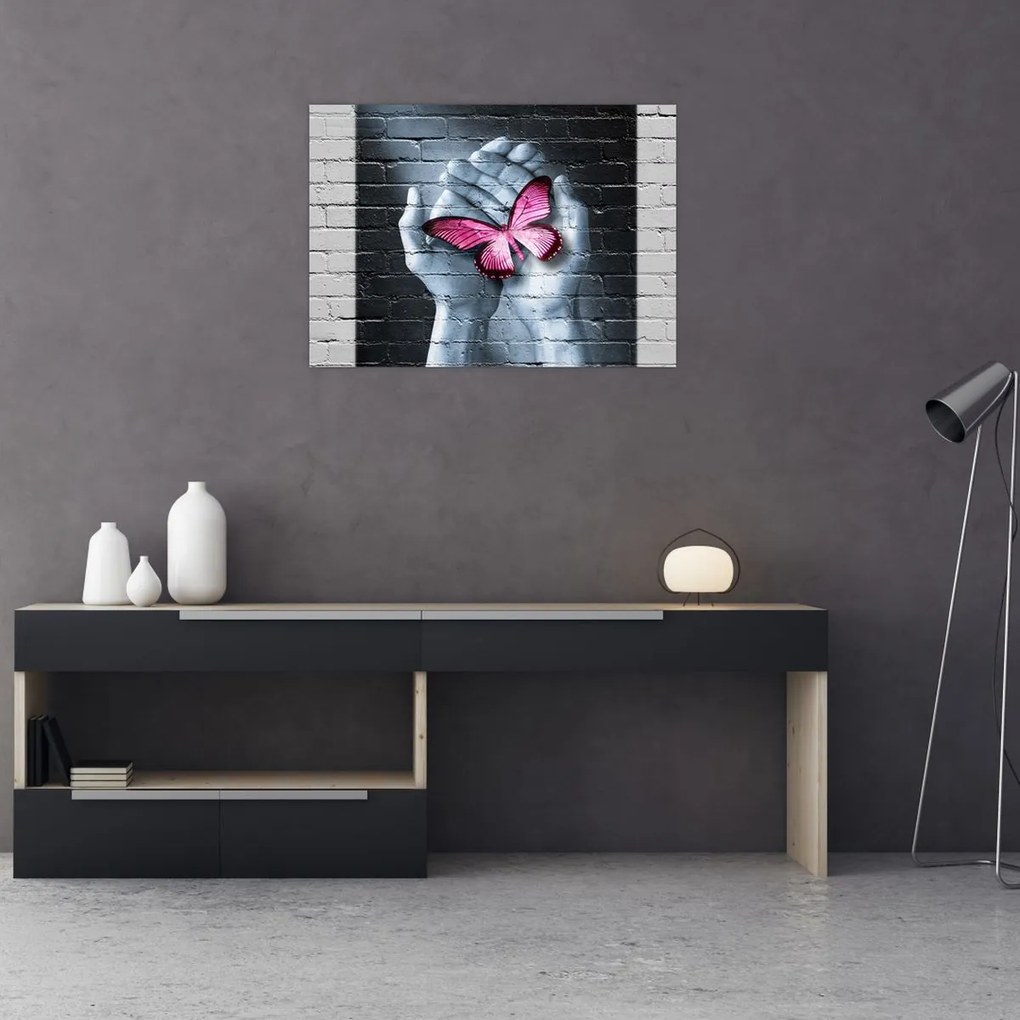 Tablou - Fluture roz în perete (70x50 cm)