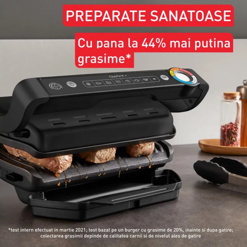 Gratar electric Tefal OptiGrill+ GC717810, 2000W, 6 programe, Acoperire antiaderenta Teflon, Ecran tactil, Smart grill, Max 240C, Negru