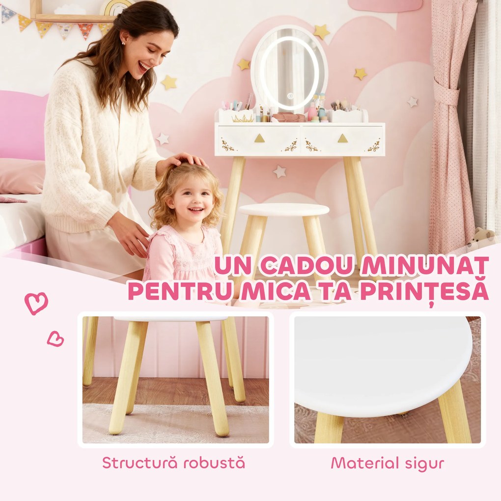 AIYAPLAY Set Măsuță și Scaun pentru Copii cu Oglindă cu Lumini LED în 3 Culori, Sertar, Cutii de Depozitare, pentru 3+ Ani, Alb | Aosom Romania