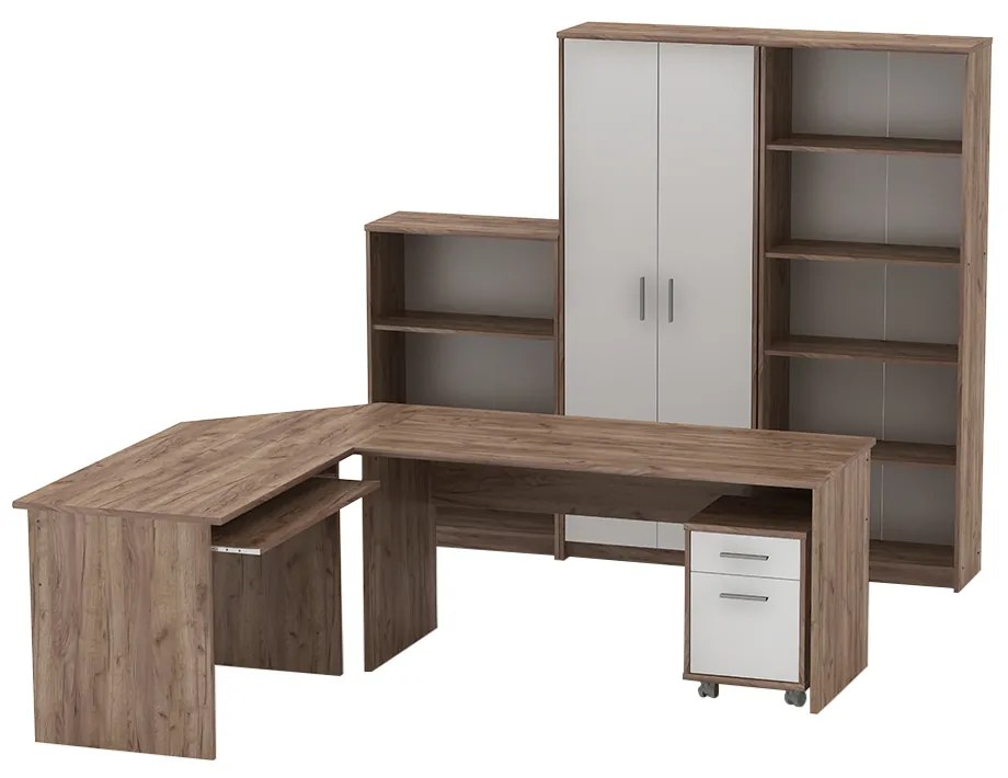 Set mobilier de birou complet ,prun inchis alb , dulapuri,  birou pe colt, rollbox, Bortis