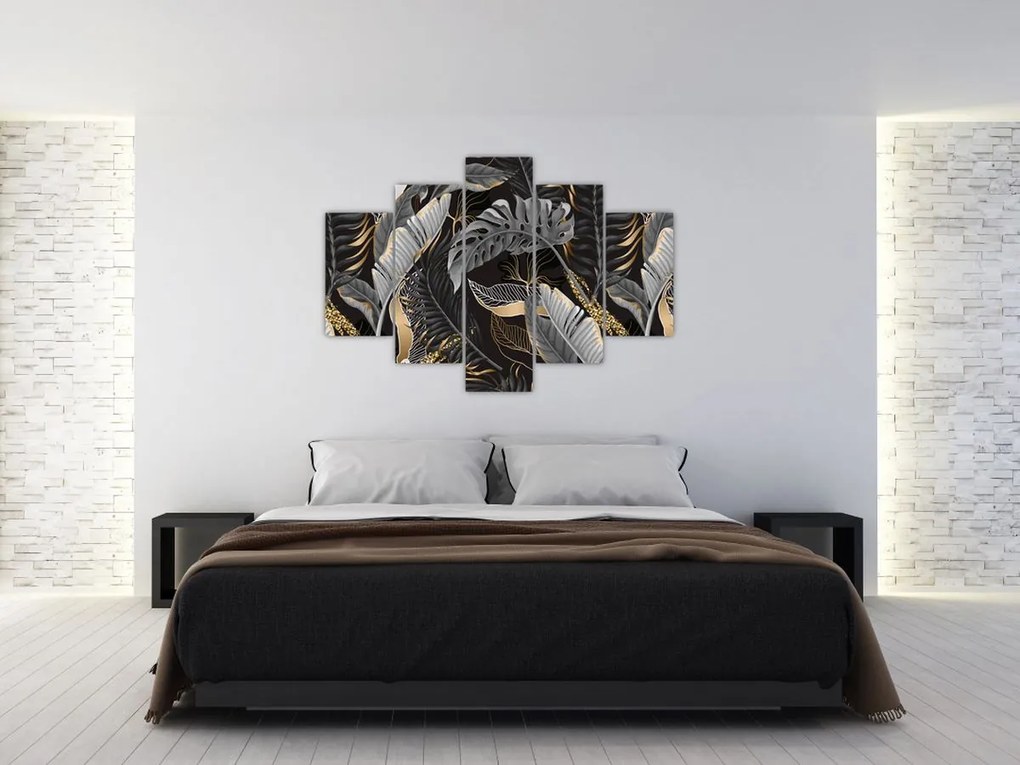 Tablou - Frunze tropicale, Galben - auriu (150x105 cm)