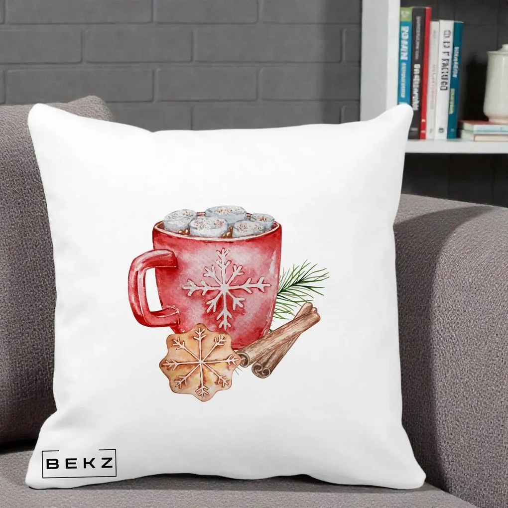 Perna Decorativa Cacao de Iarna cu Biscuit, 40x40 cm, Alba Mata, Husa Detasabila, Perna Inclusa, BEKZ®