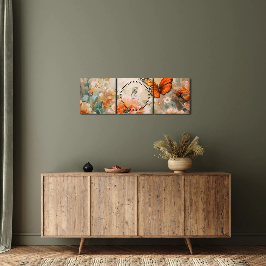 Tablou - Fluture și flori, pictură în ulei (cu ceas) (90x30 cm)