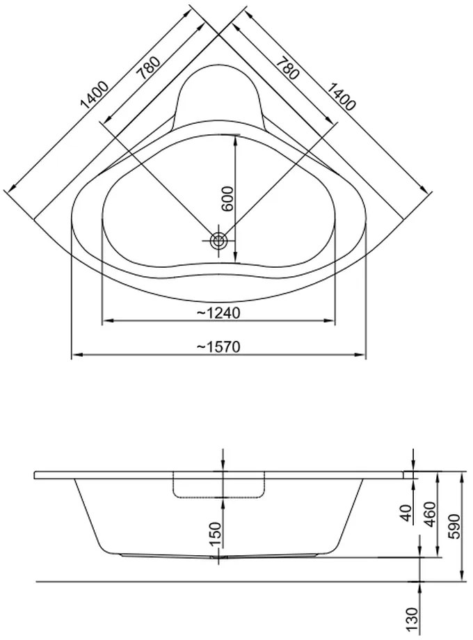 Cada baie pe colt Cersanit Venus, 140 x 140 cm, asimetrica, alb lucios 1400x1400 mm