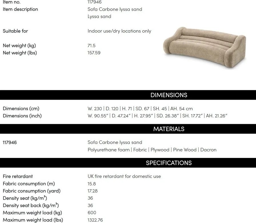 Canapea curbata design LUX Carbone, Lyssa sand