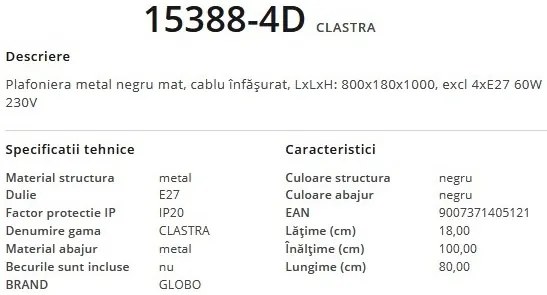 Lustra cu 4 pendule design modern Clastra negru 15388-4D GL