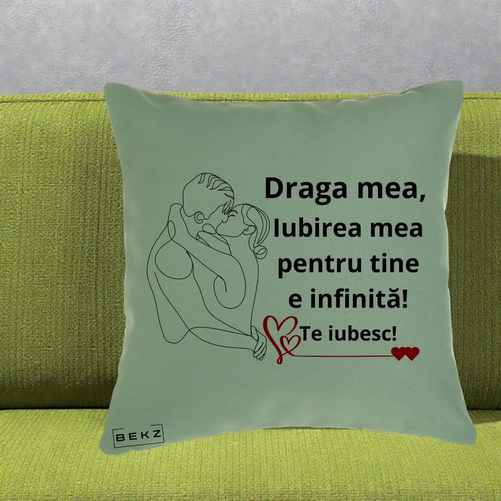 Cadou pentru Iubita - Perna Personalizata Draga Mea Iubirea Mea pentru Tine e Infinita Te Iubesc, 40x40 cm, Verde, Husa Detasabila, Perna Inclusa, BEKZ®