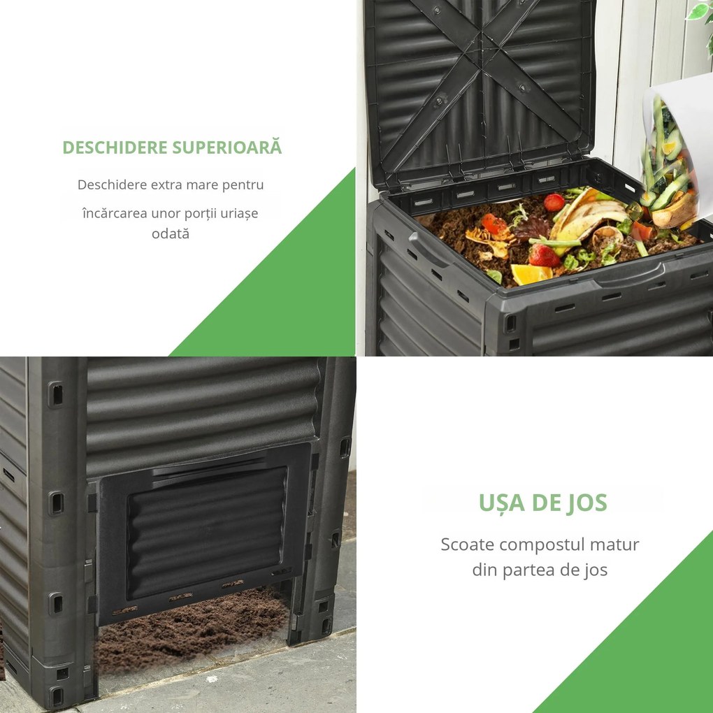 Outsunny Compostor de Grădină 300L din Plastic, cu Capac, Ușor de Asamblat, Negru | Aosom Romania