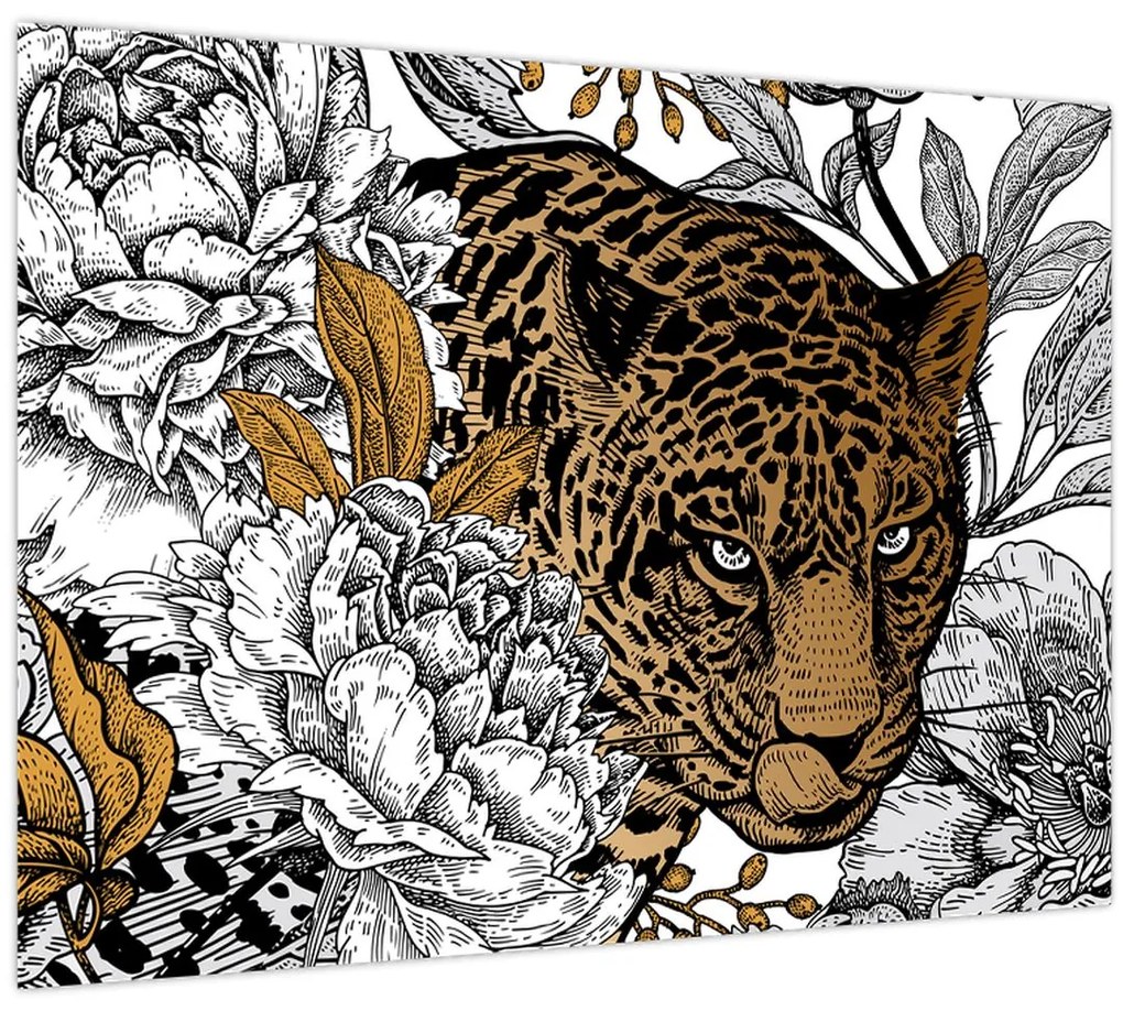 Tablou pe sticlă - Leopard între flori (70x50 cm)
