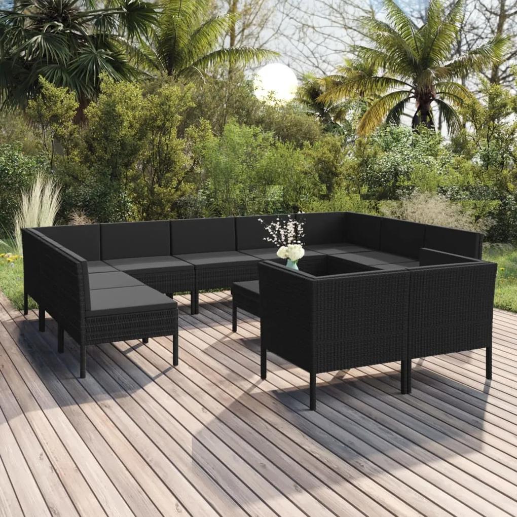 3094621 vidaXL Set mobilier de grădină cu perne, 12 piese, negru, poliratan