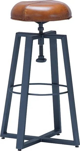 Scaun de bar reglabil din piele naturală și metal, maro, în stil industrial, cu inel pentru picioare, „Factory”