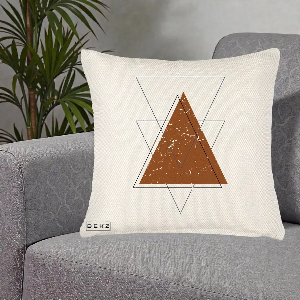 Perna Decorativa Geometric Triunghiuri Sacred, 40x40 cm, Crem Reliefat, Husa Detasabila, Perna Inclusa, BEKZ®