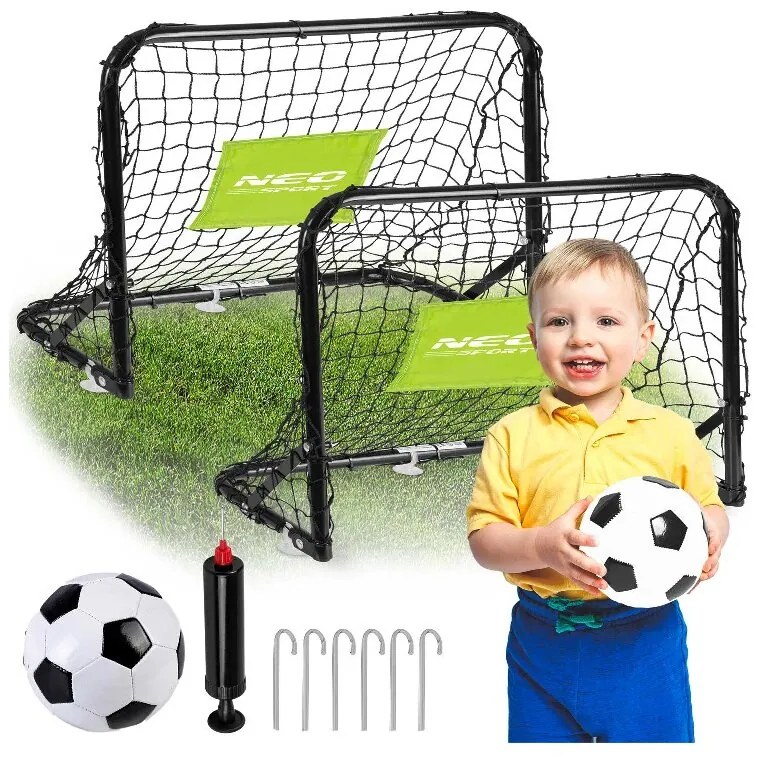 Set de joaca, Neo Sport, 2 porti de fotbal, Cu minge, Cu carlige de prins, 60 x 45 x 25 cm, 3 ani+, Negru