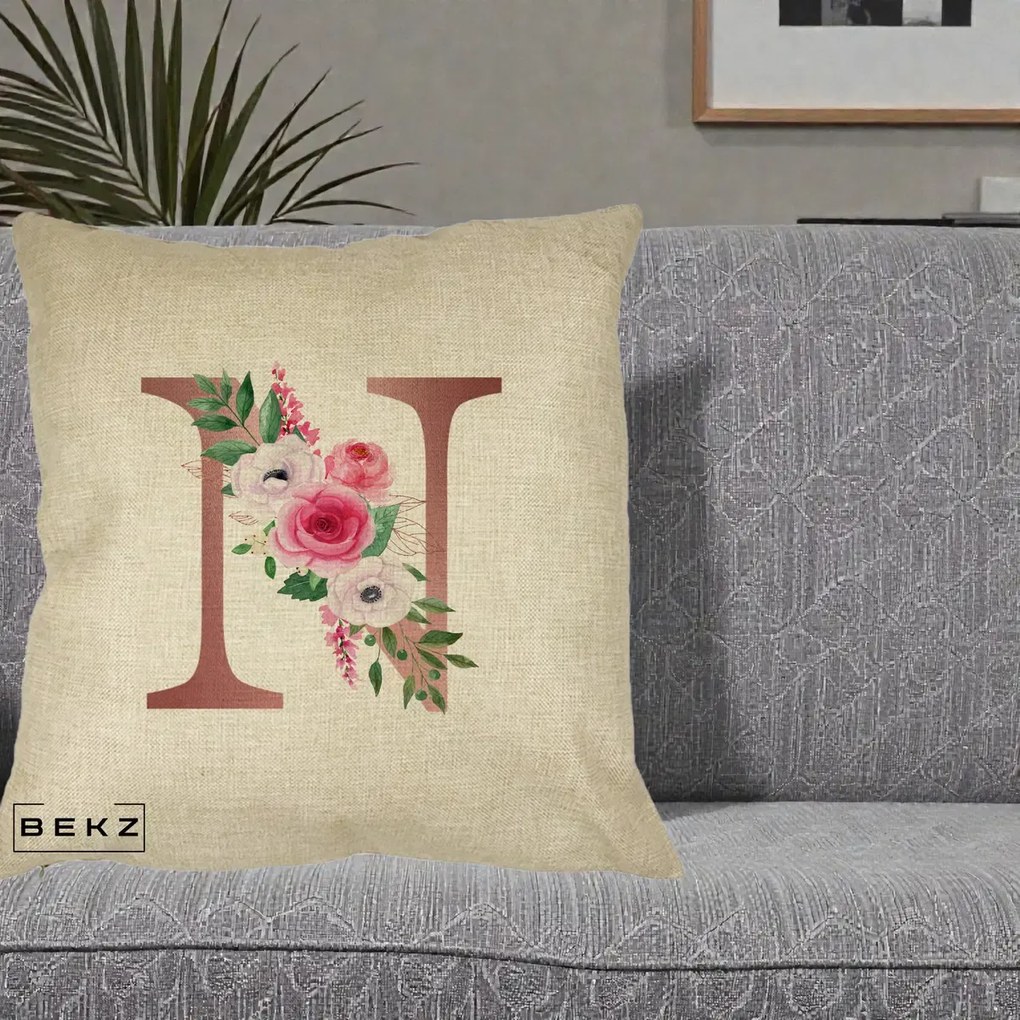 Cadou Personalizat - Perna Personalizata Monograma Rose Gold Litera N, 40x40 cm, Crem, Husa Detasabila, Perna Inclusa, BEKZ®