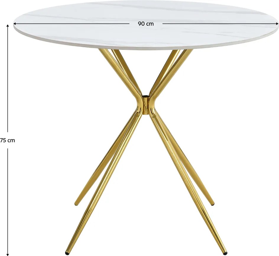 Masă de bucătărie, marmură albă/gold crom aurie, diametru 90 cm, MEKNER