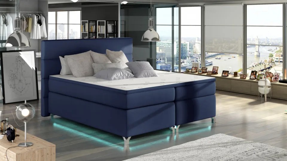 Pat tapitat boxspring, cu spatiu pentru depozitare, echipat cu LED, 180X200 cm, Amadeo, Eltap (Culoare: Bleumarin)