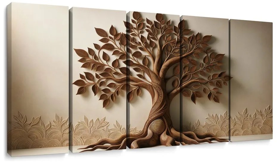 Tablou 5-piese arborele vieții maro cu efect 3D