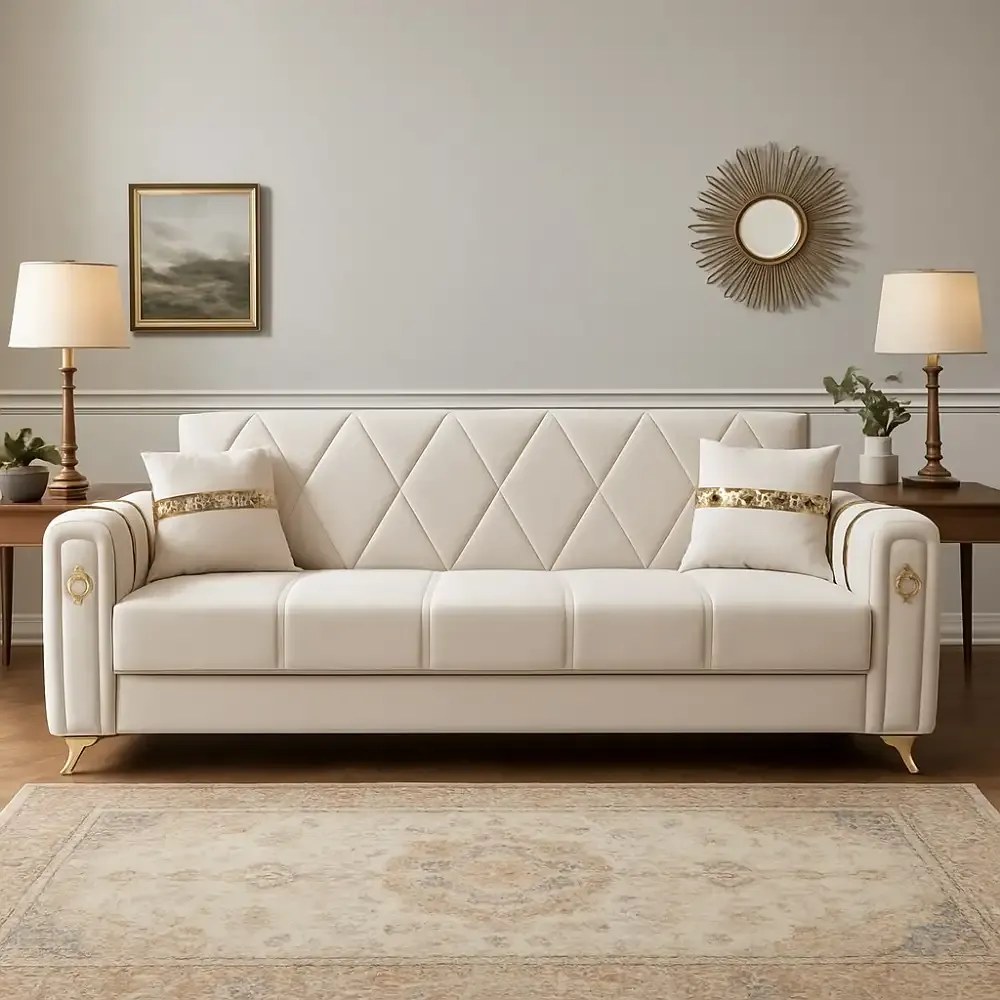 Canapea extensibila cu lada de depozitare 220x87x93 cm , bej si detalii aurii –Camara