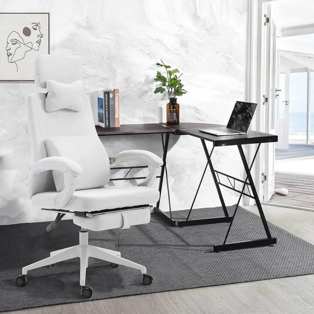 Scaun de birou rotativ cu tetiera si suport pentru picioare-alb