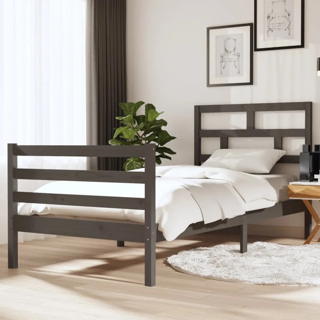 3101250 vidaXL Cadru de pat Single 3FT, gri, 90x190 cm, lemn masiv