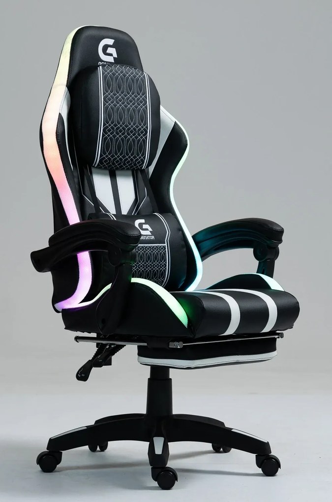 RESIGILAT- Scaun gaming HOFRE, boxe Bluetooth, sistem iluminare bandă LED RGB, masaj în perna lombară, suport picioare, PU, Negru/Alb