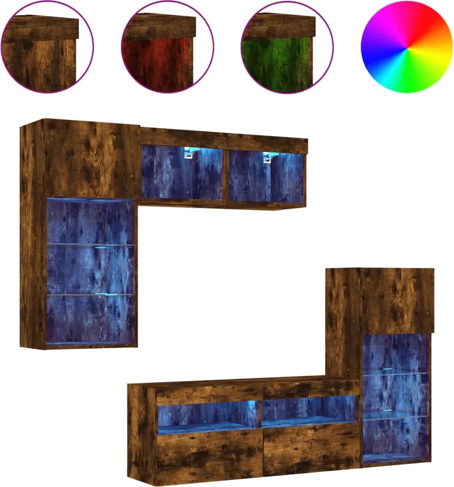 vidaXL Unități de perete TV cu LED-uri, 5 piese, stejar fumuriu, lemn