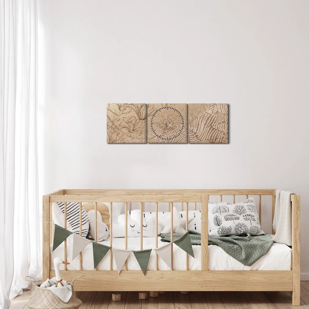 Tablou - Flori desenate (cu ceas) (90x30 cm)
