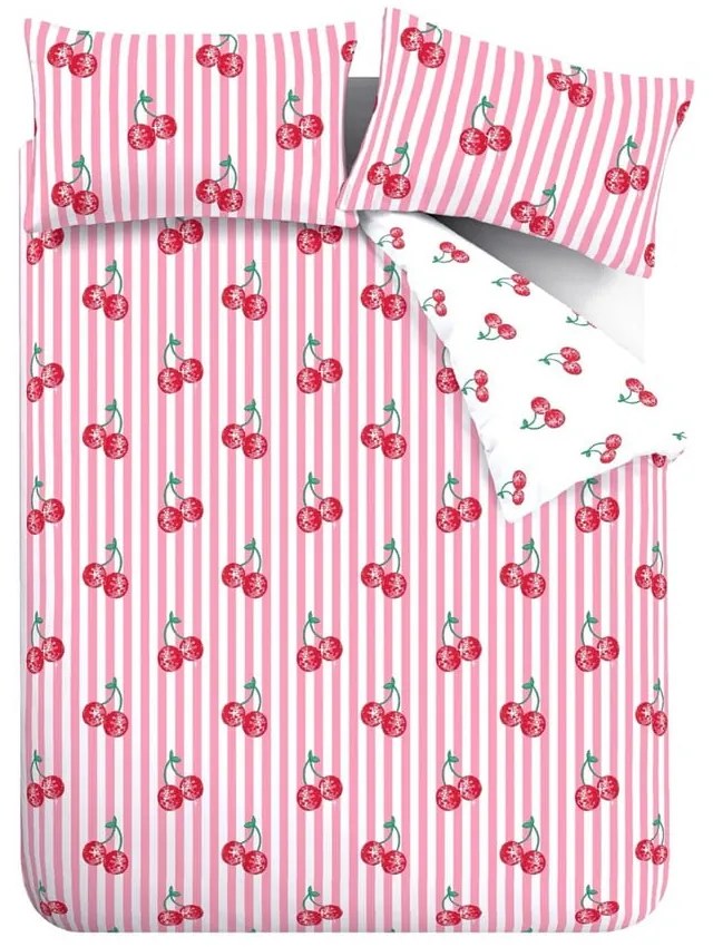 Lenjerie de pat albă-roz pentru pat dublu 200x200 cm Disco Cherries Stripes – Catherine Lansfield