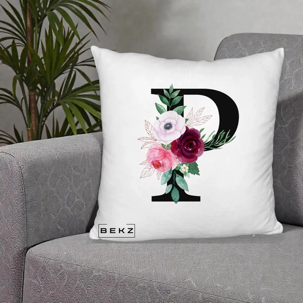 Cadou Personalizat - Perna Personalizata Monograma Florala Litera P, 40x40 cm, Alb Pufos, Husa Detasabila, Perna Inclusa, BEKZ®