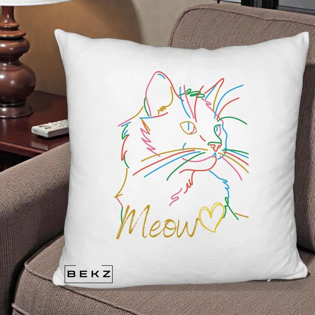 Perna Personalizata Pisica Meow Arta Linie Colorata, 40x40 cm, Alb Pufos, Husa Detasabila, Perna Inclusa, BEKZ®