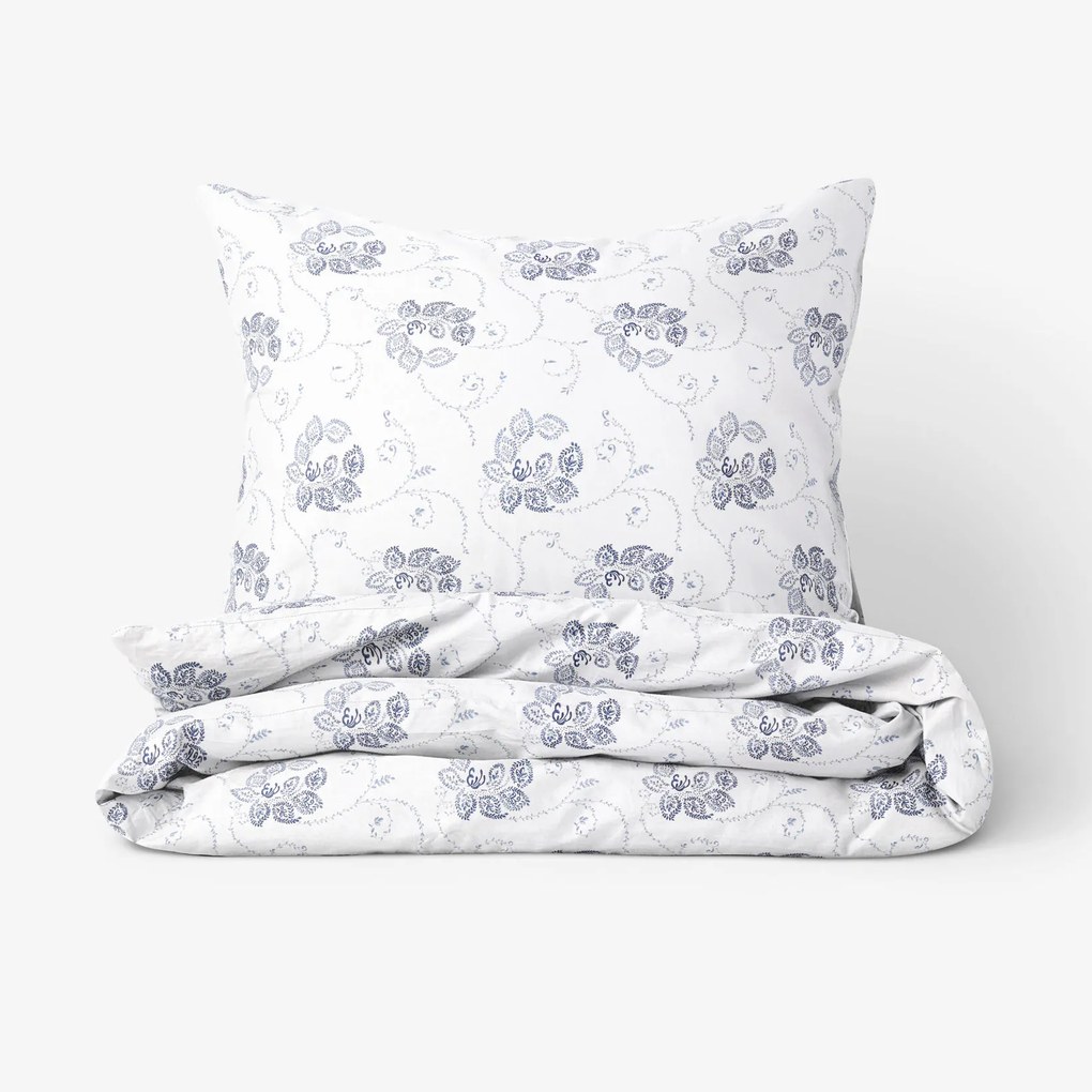 Goldea lenjerie de pat din flanel - ornamente florale albastru închis pe alb 140 x 200 și 70 x 90 cm