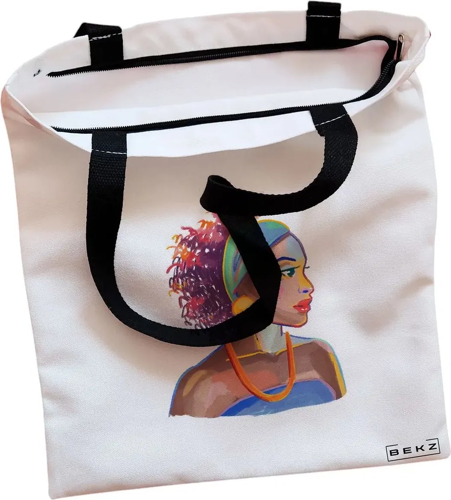 Sacosa de Panza pentru Cumparaturi, Geanta Tote, model Portret Vibrant 4, Cu fermoar, 38x34.5 cm, Alba, BEKZ®