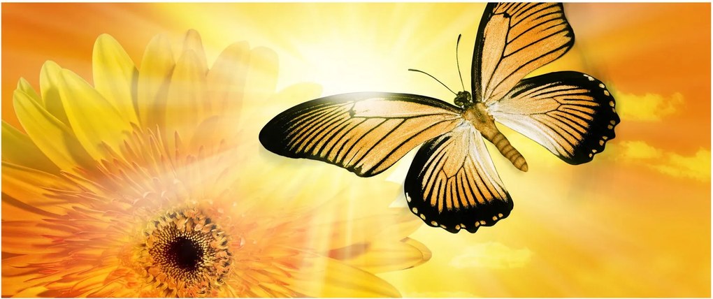 Tablou - Fluture galben cu flori (120x50 cm)