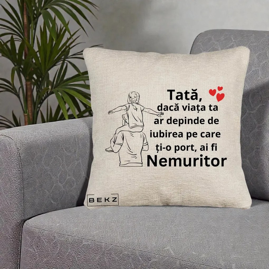 Cadou pentru Tata - Perna Personalizata Tata Supererou Nemuritor, 40x40 cm, Bej Canapea, Husa Detasabila, Perna Inclusa, BEKZ®