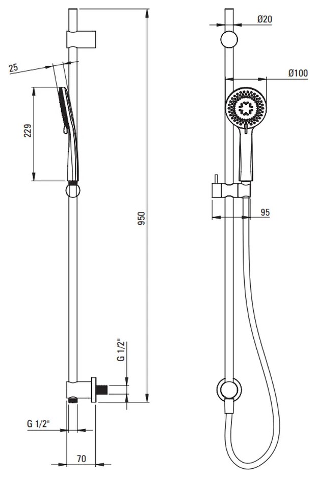 Set dus cu bara 95 cm, para dus, furtun de dus si baterie dus incastrata Deante Arnika titan mat Titan mat