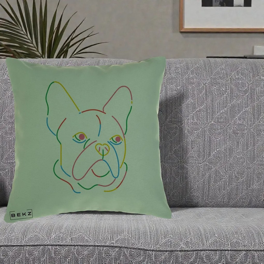 Perna Decorativa Bulldog Francez Line Art Curcubeu, 40x40 cm, Verde, Husa Detasabila, Perna Inclusa, BEKZ®