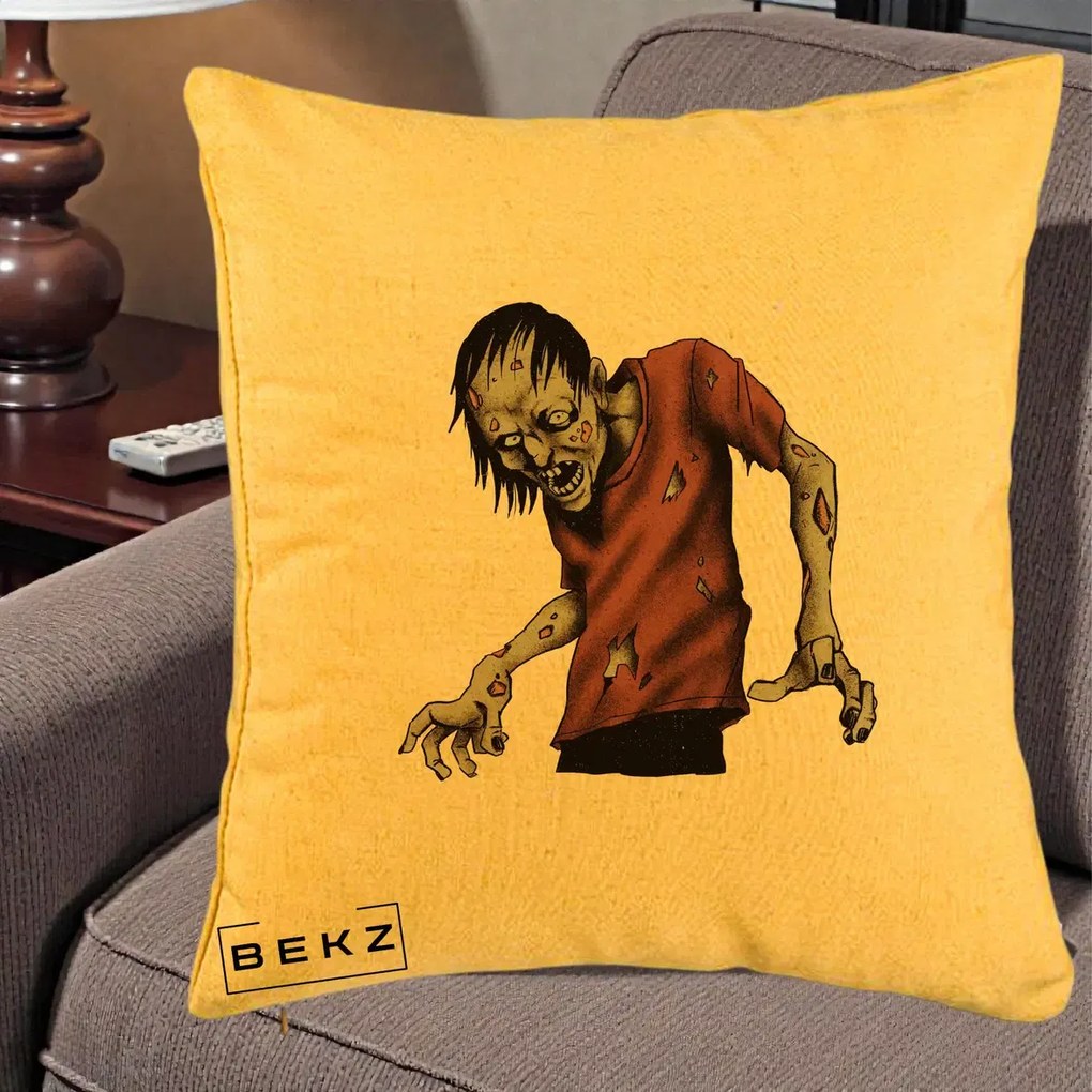Perna Decorativa Halloween Zombie Infricosator, 40x40 cm, Galben, Husa Detasabila, Perna Inclusa, BEKZ®