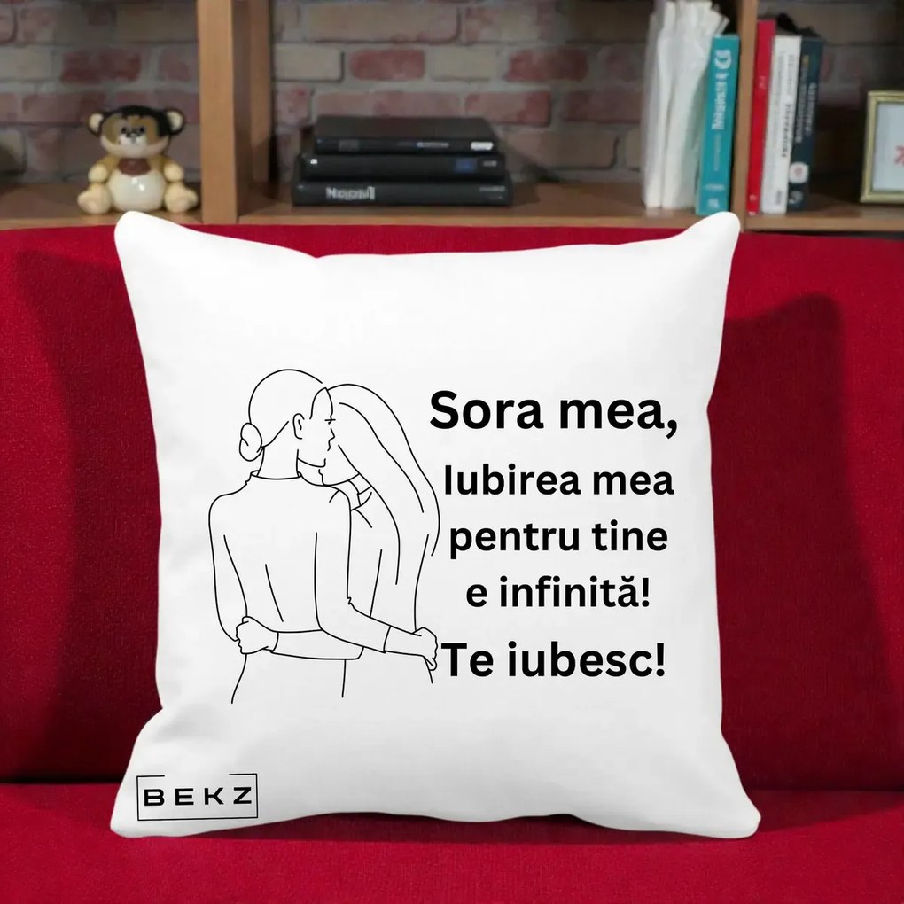 Cadou pentru Sora - Perna Personalizata Sora Mea Te Iubesc Imbratisare din Spate Line Art, 40x40 cm, Alba Mata, Husa Detasabila, Perna Inclusa, BEKZ®